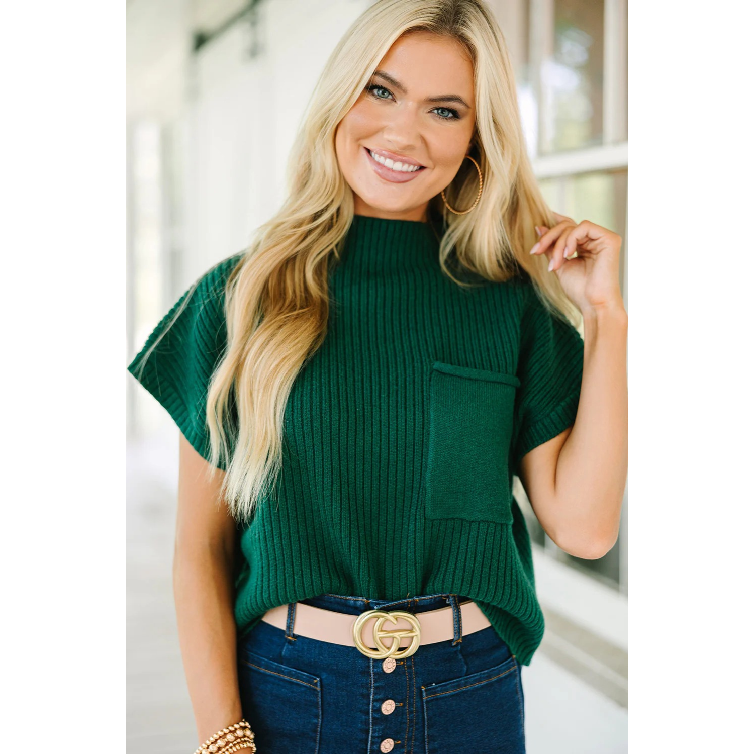 Ollie-Patch Pocket Ribbed Knit Short Sleeve Sweater