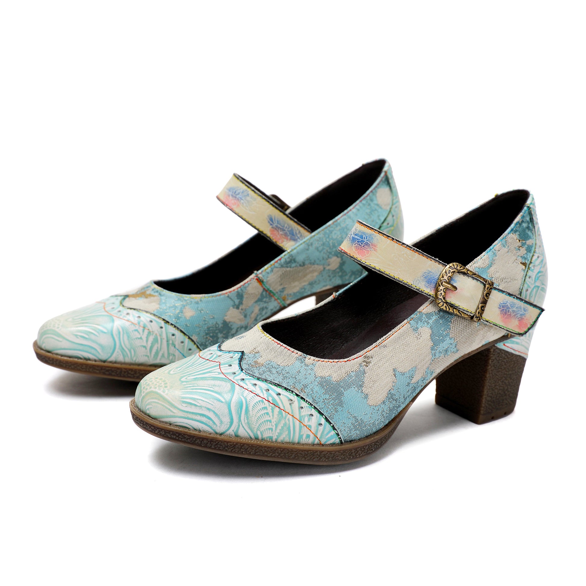 Lady's Heels Handmade Shoes Wedding Party Elegant Vintage Leather Buckle Light Blue Pumps