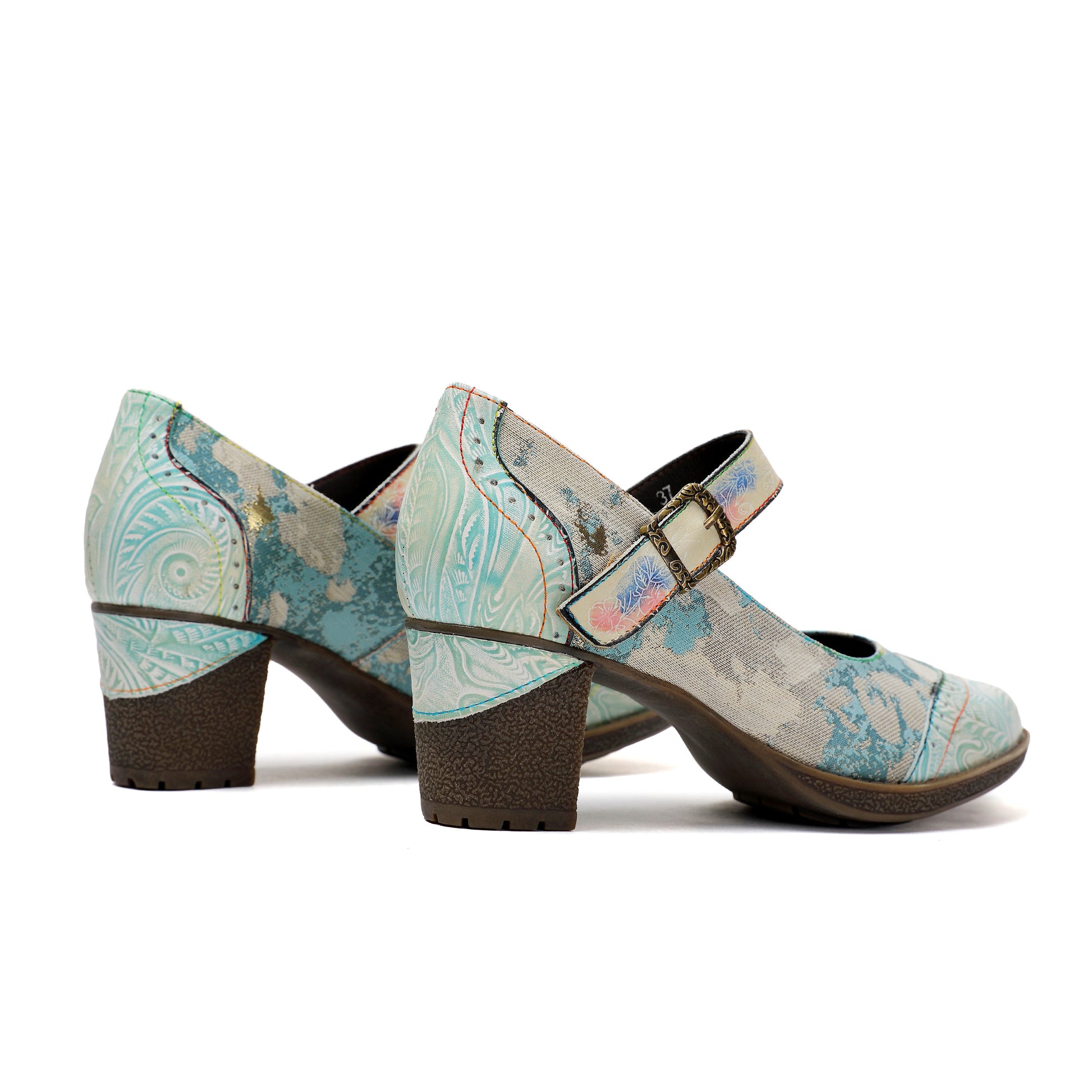 Lady's Heels Handmade Shoes Wedding Party Elegant Vintage Leather Buckle Light Blue Pumps