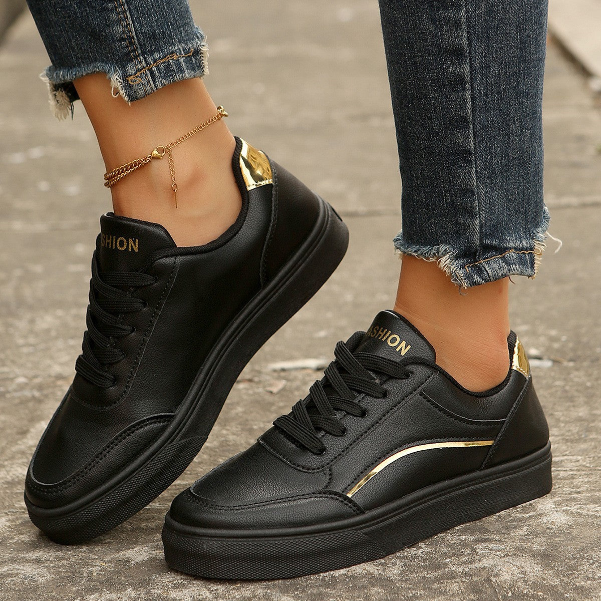 Lace-up White Flats Shoes Fashion Round Toe Slip-on Thick Sole Casual Shoes