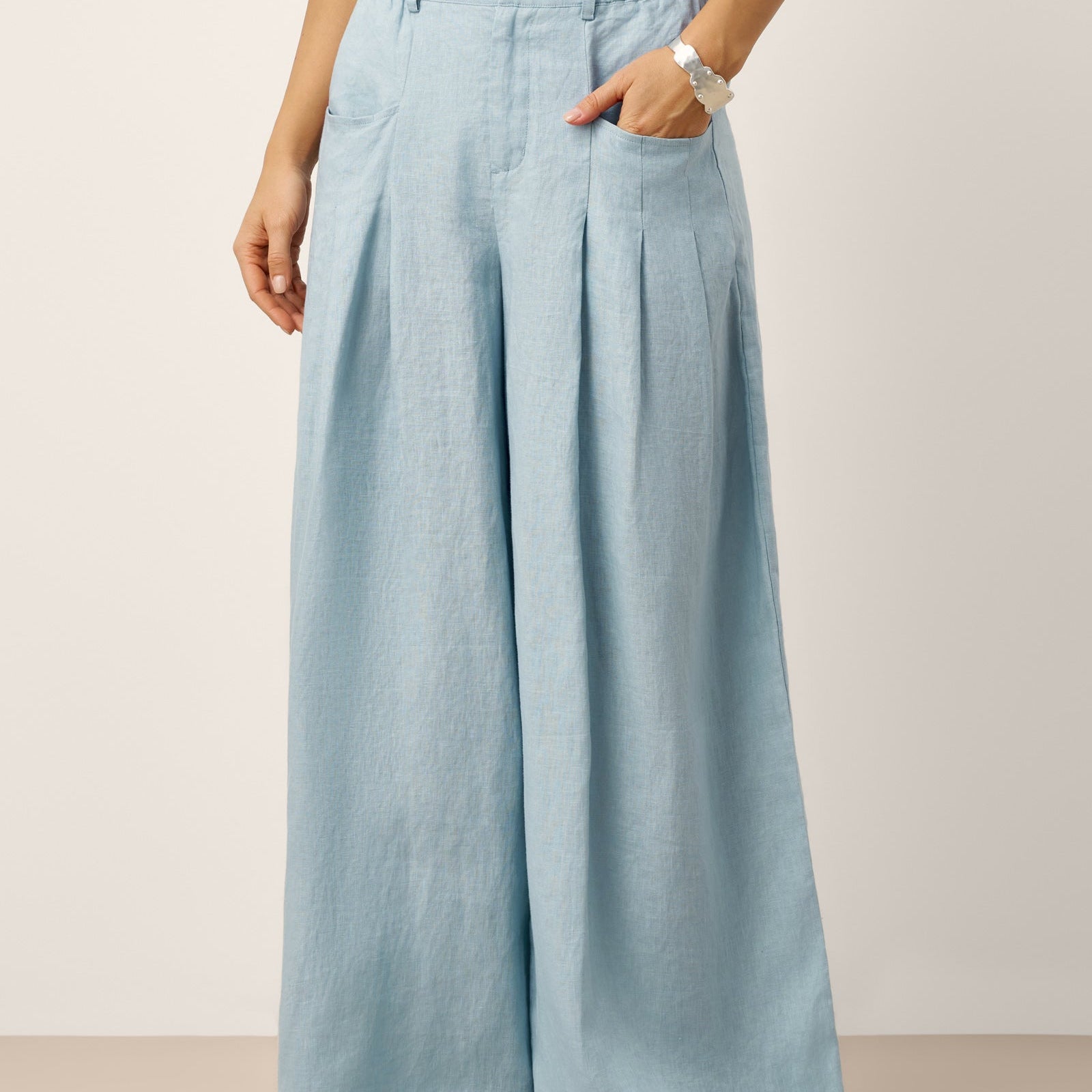 100% Linen Sculpted Pleat Elasticated Back Relaxed Pants VERIDIANA