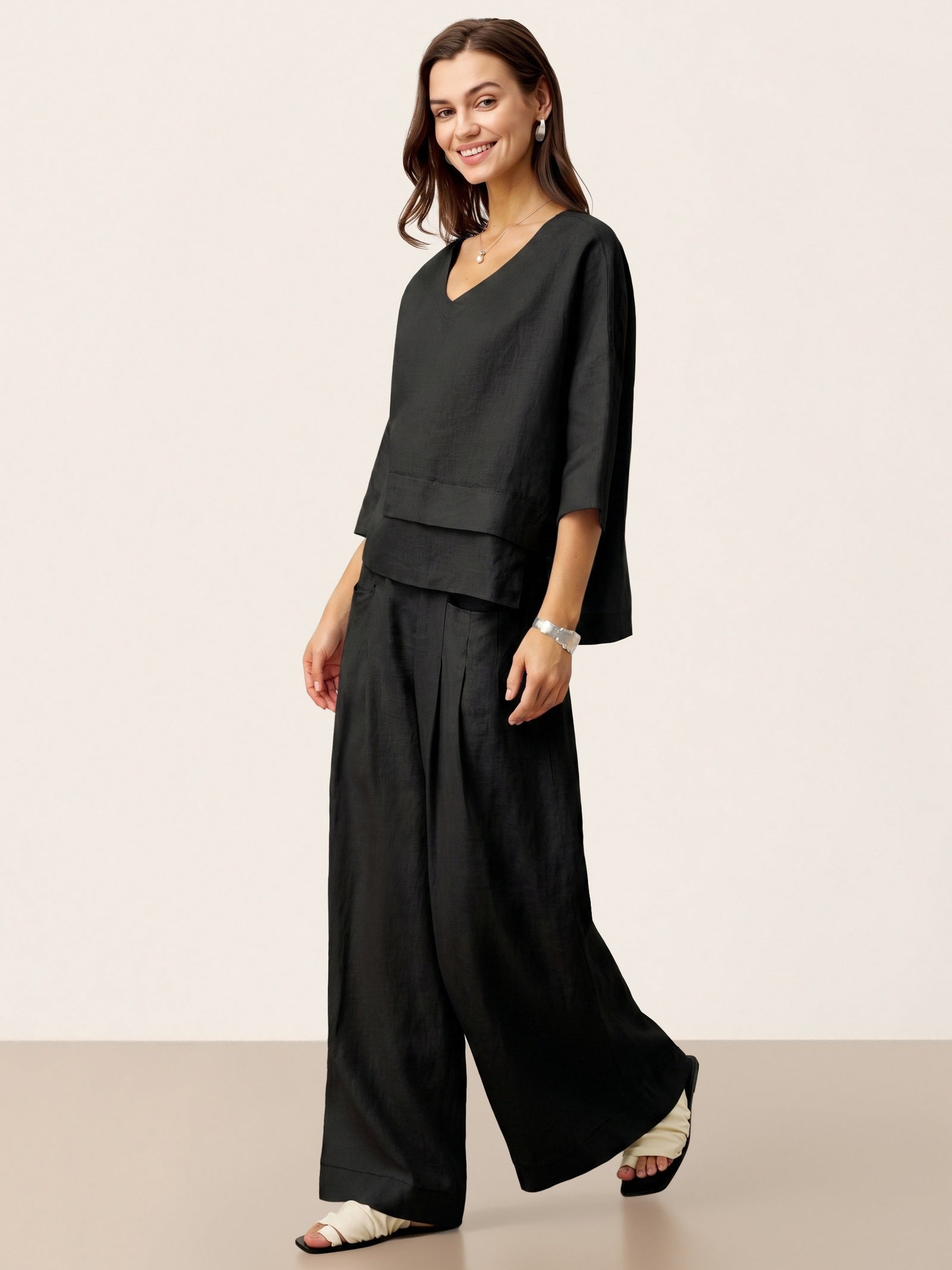 100% Linen Sculpted Pleat Elasticated Back Relaxed Pants VERIDIANA