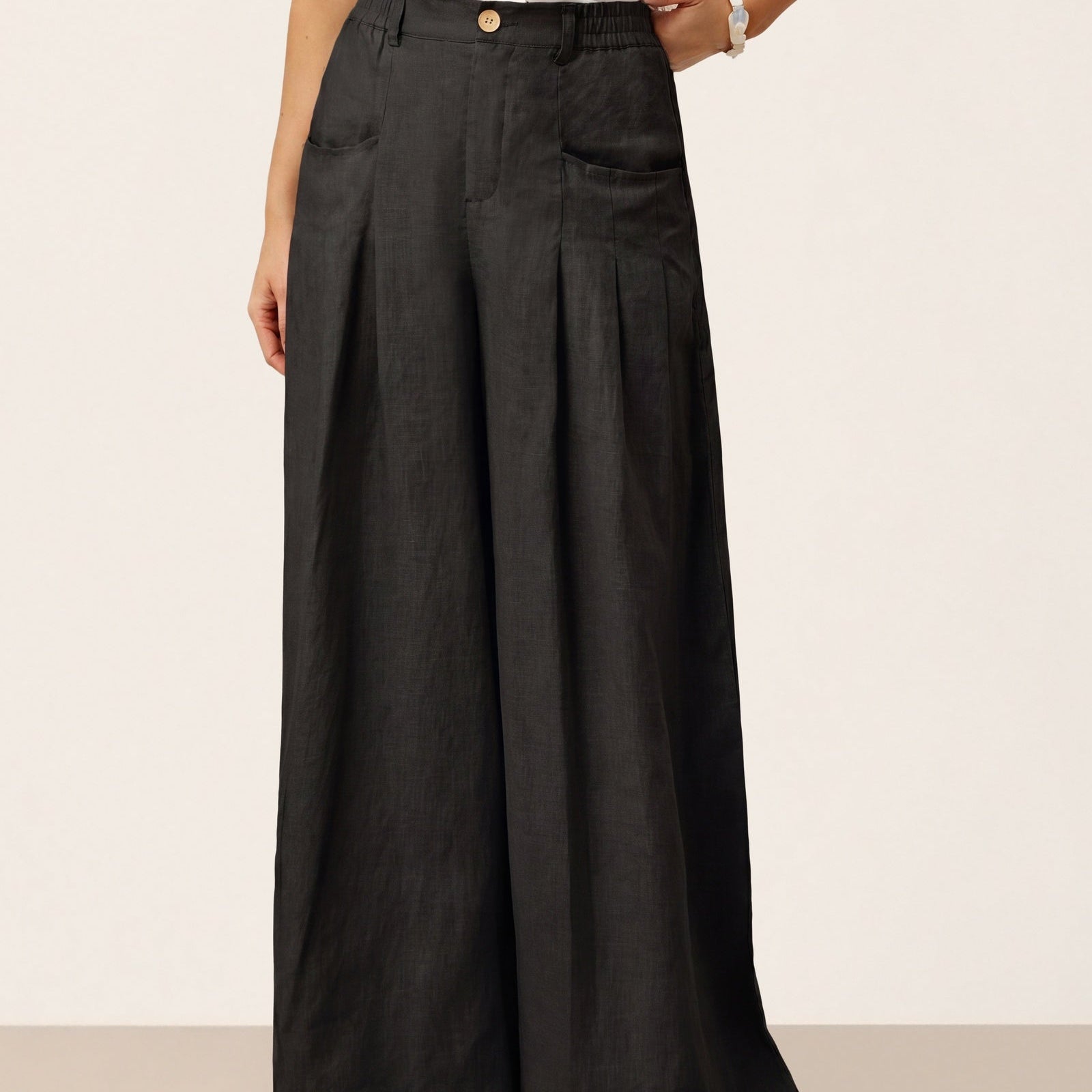 100% Linen Sculpted Pleat Elasticated Back Relaxed Pants VERIDIANA