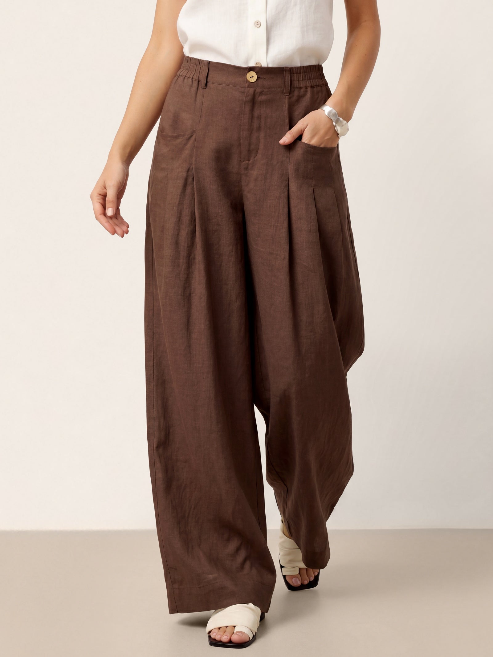 100% Linen Sculpted Pleat Elasticated Back Relaxed Pants VERIDIANA