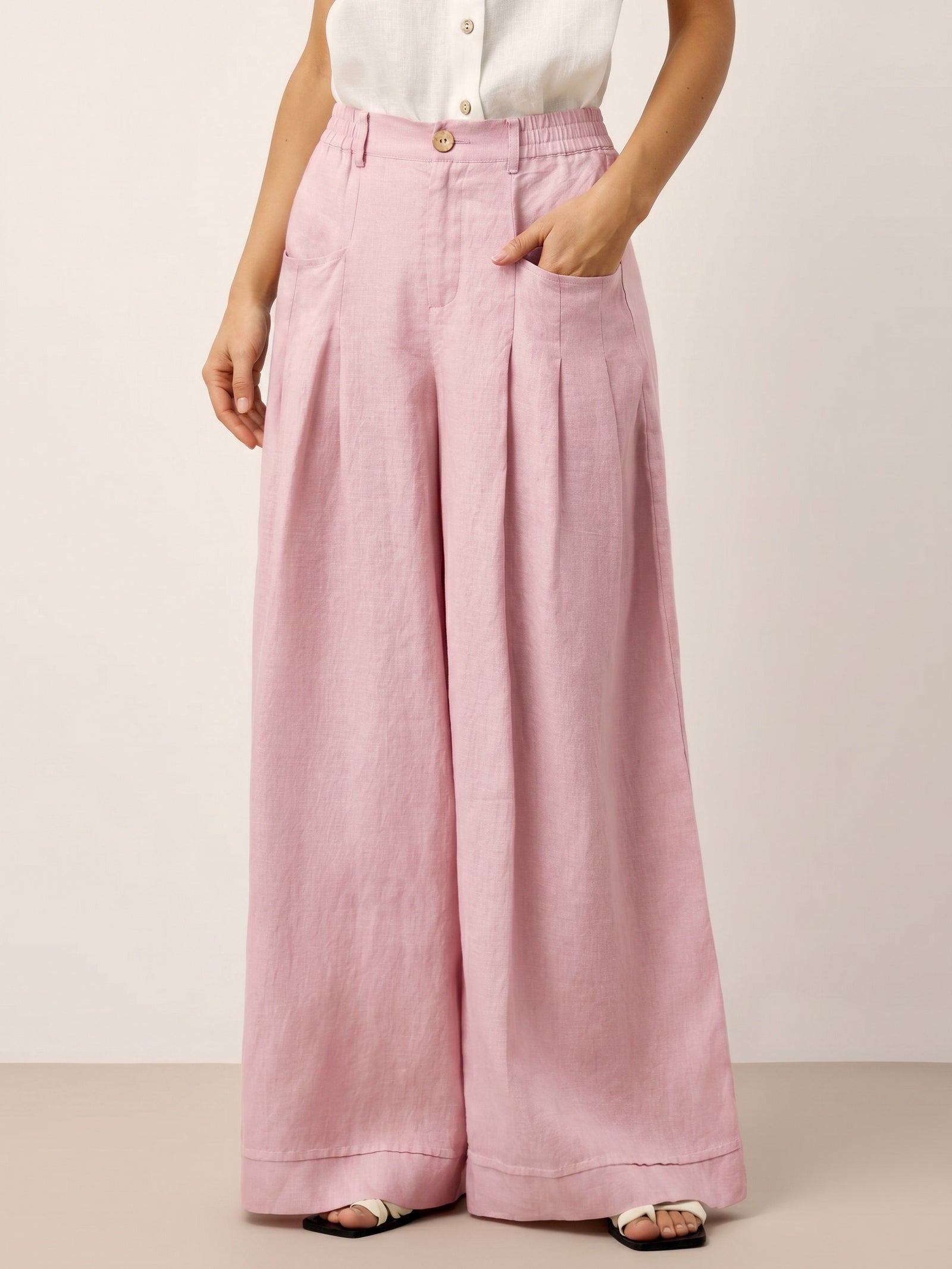 100% Linen Sculpted Pleat Elasticated Back Relaxed Pants VERIDIANA