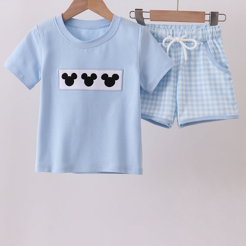 Blue character embroidery gingham shorts set