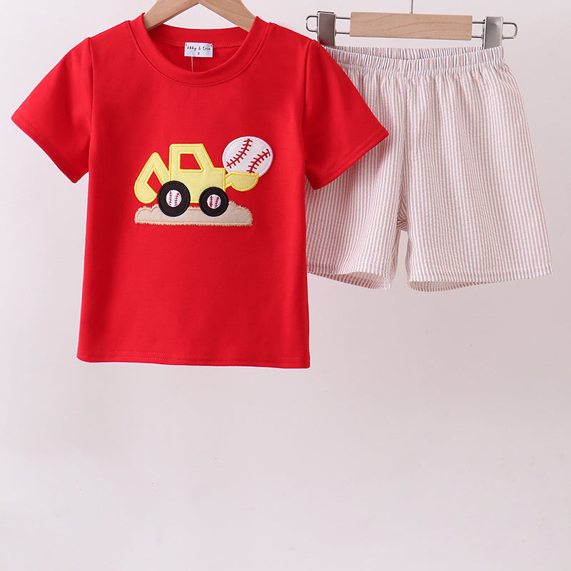 Red baseball applique shorts set