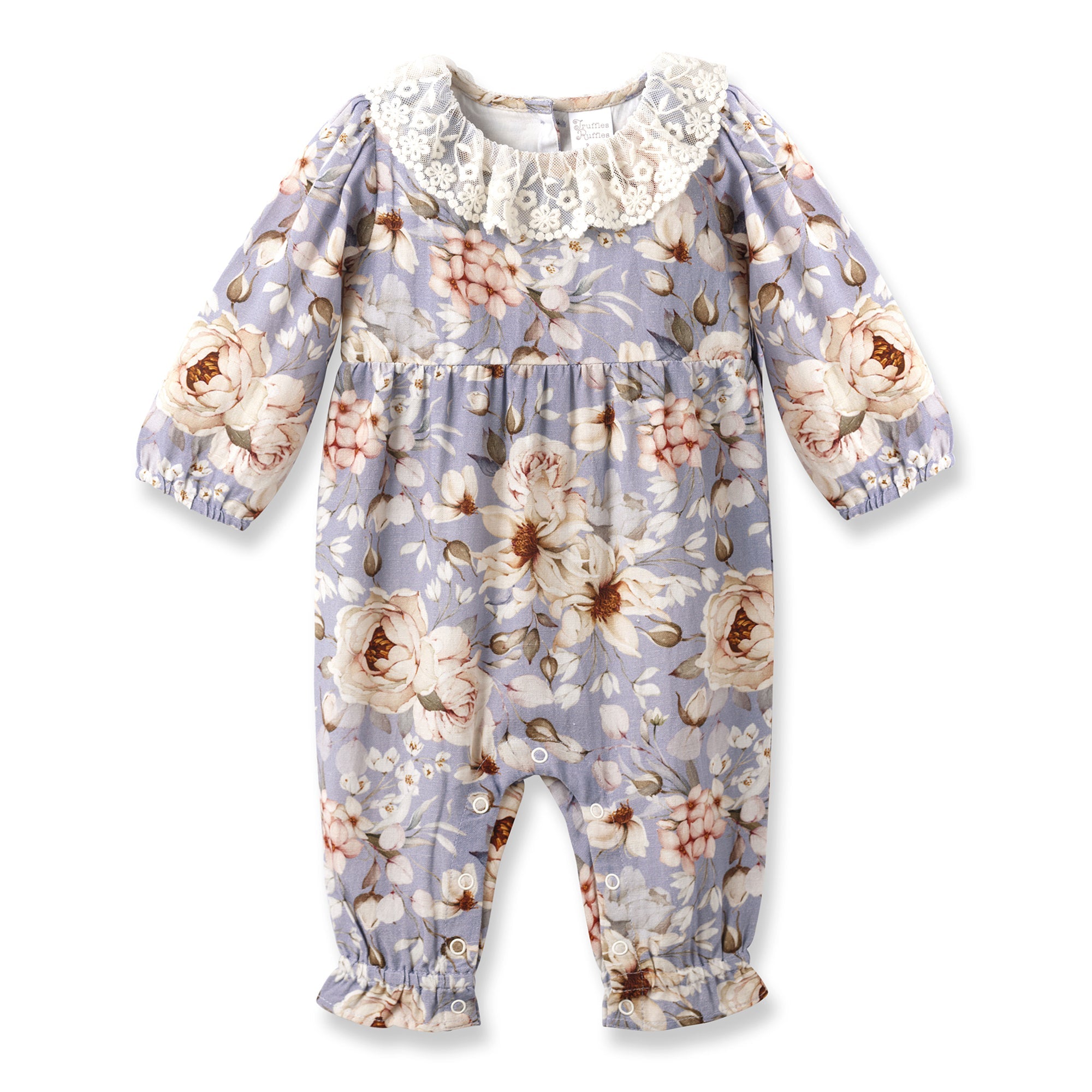 Blue Floral Vintage Linen Baby Romper With Lace Collar