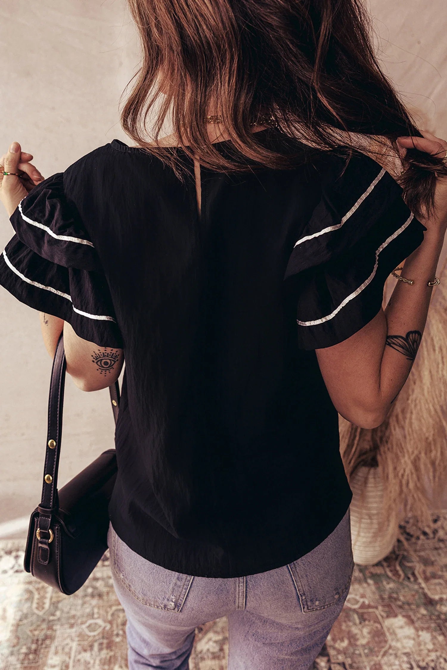 Daniela -Black Contrast Trim Dual Ruffle Short Sleeve Textured Blouse