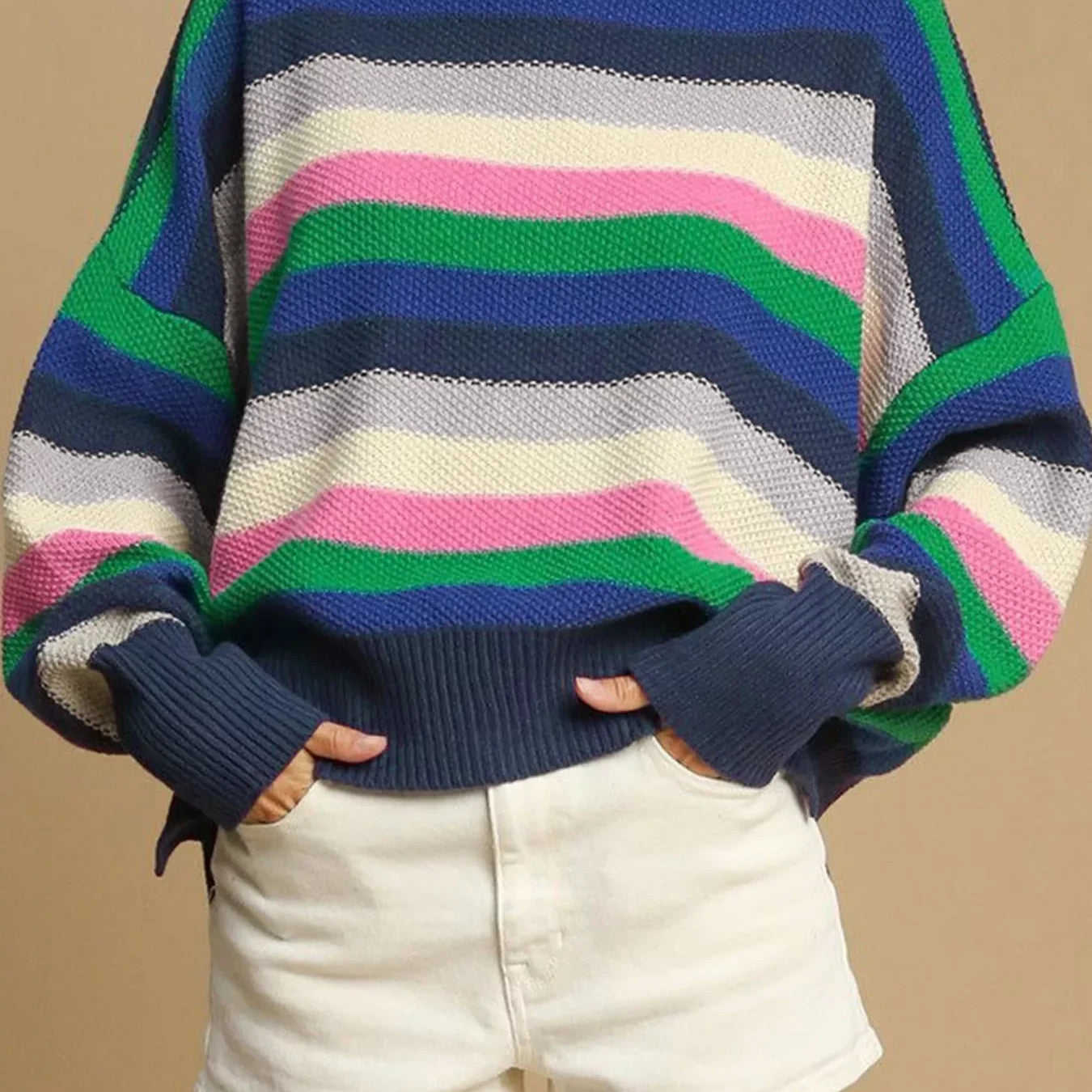 Rainbow Striped Crew Neck Drop Shoulder Sweater