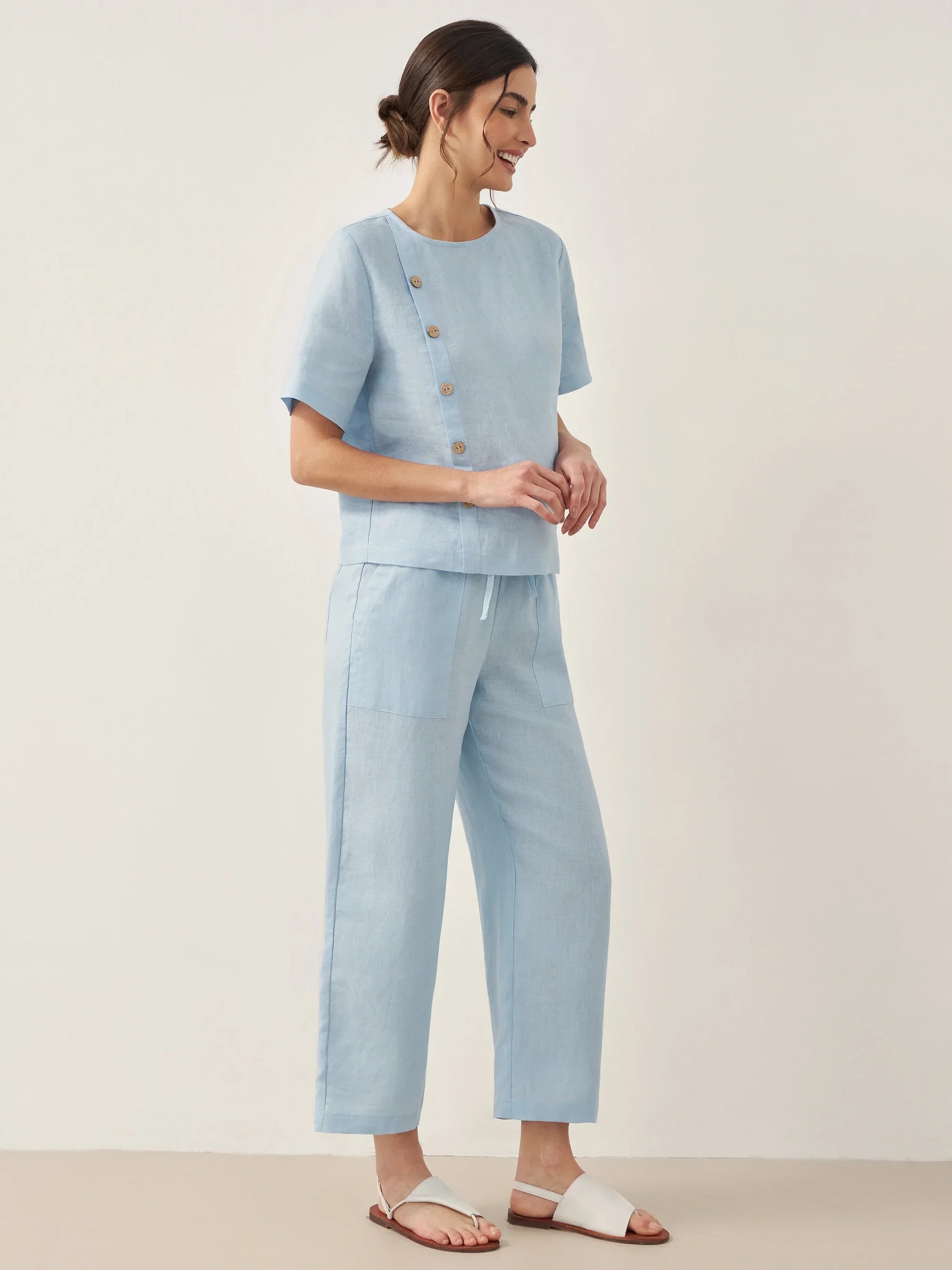 100% Linen Short-Sleeve Round Neck Button Detail Top & Pants Set JOSIE