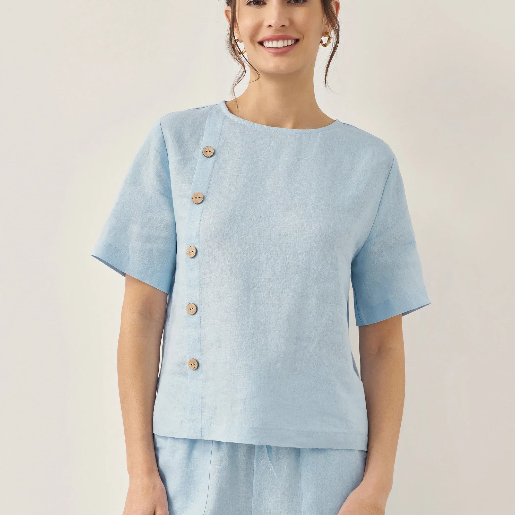 100% Linen Short-Sleeve Round Neck Button Detail Top & Pants Set JOSIE