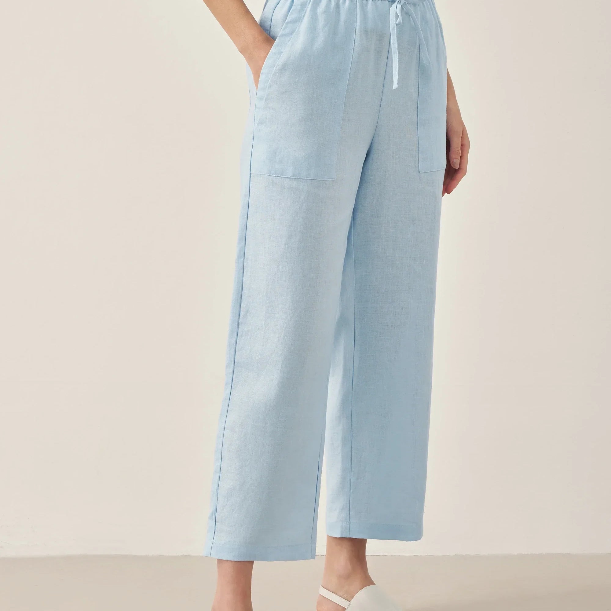100% Linen Short-Sleeve Round Neck Button Detail Top & Pants Set JOSIE