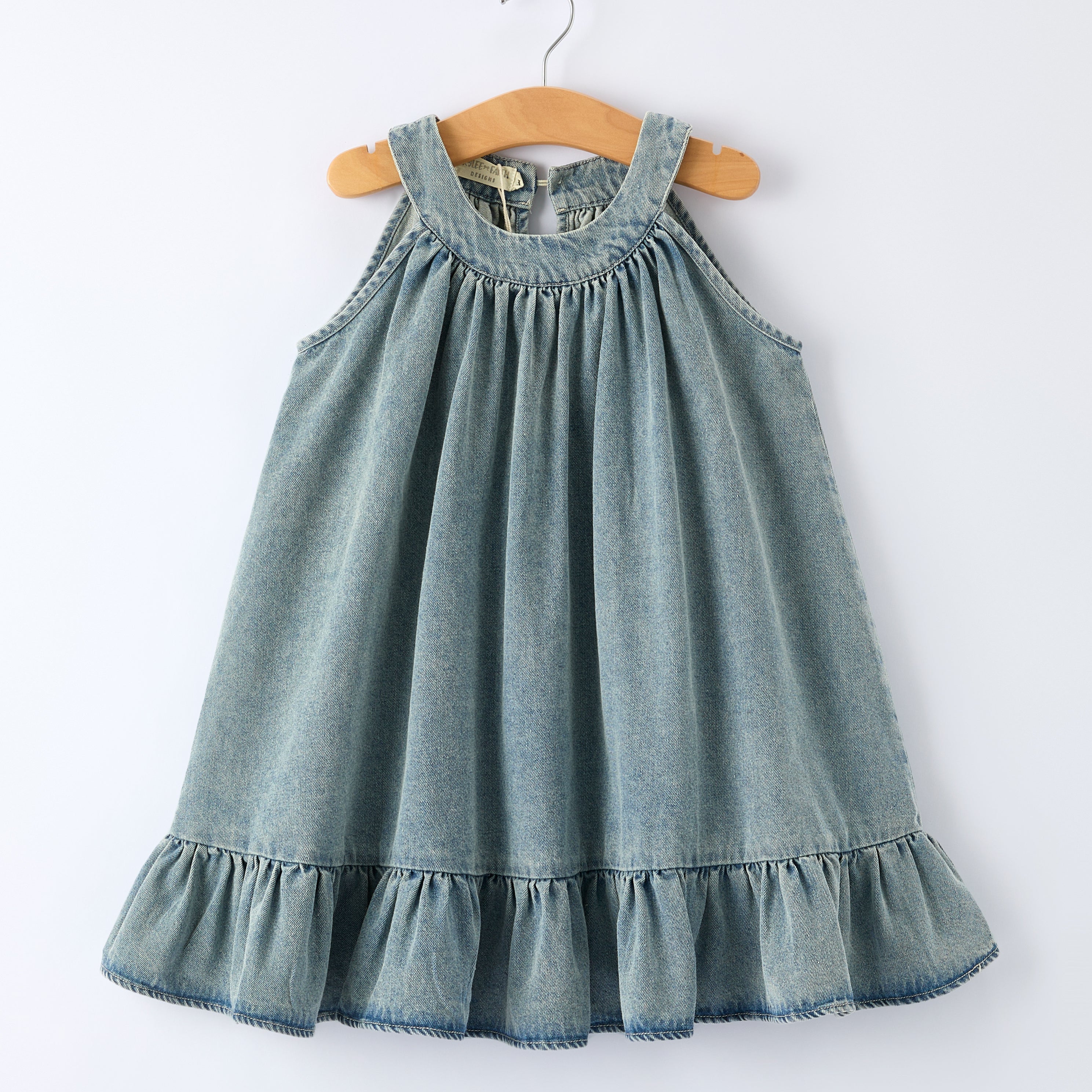 Girls Denim Ruffle Trim A-Line Dress
