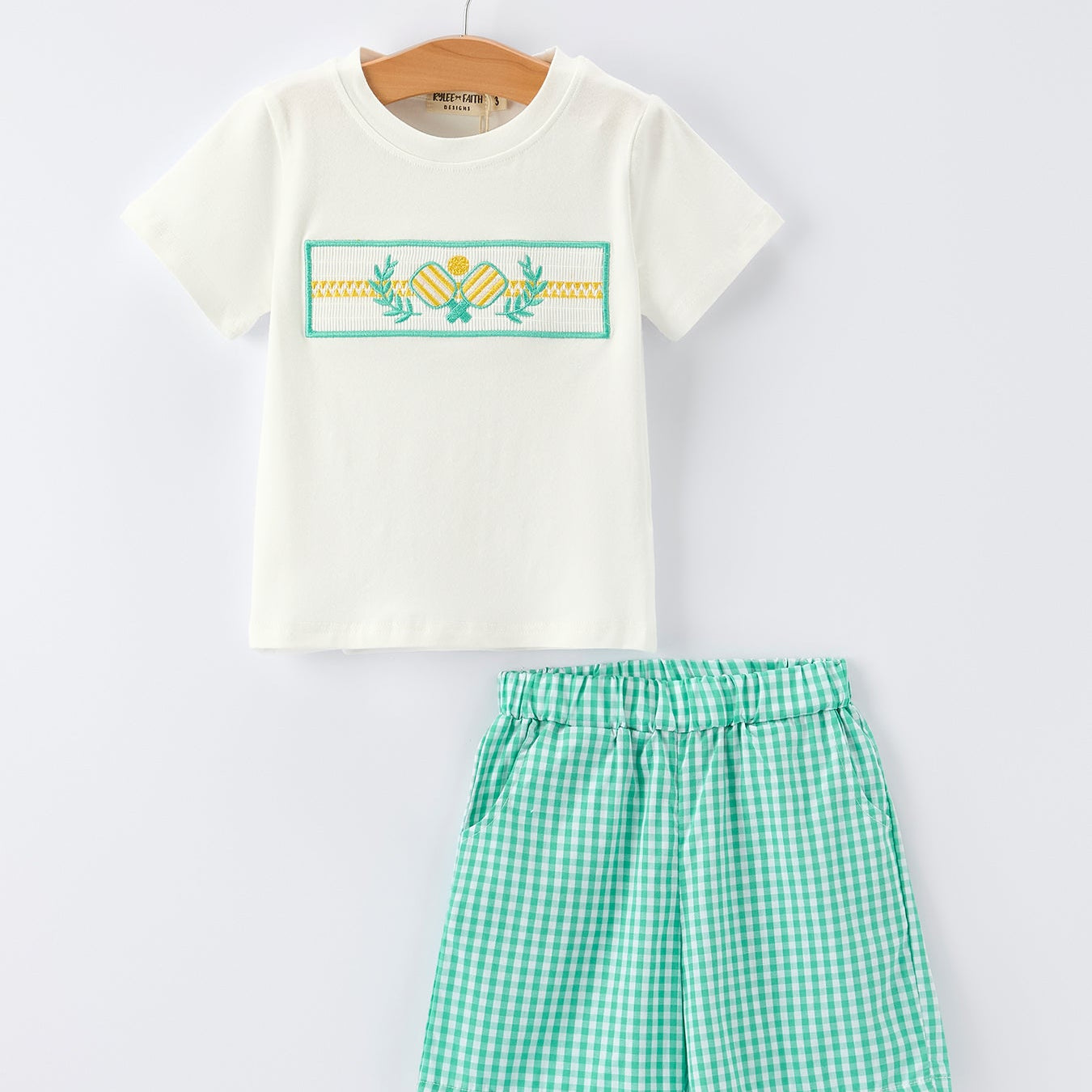 Pickle Ball Spring Gingham Embroidered Smocked Green Boys Shorts Set