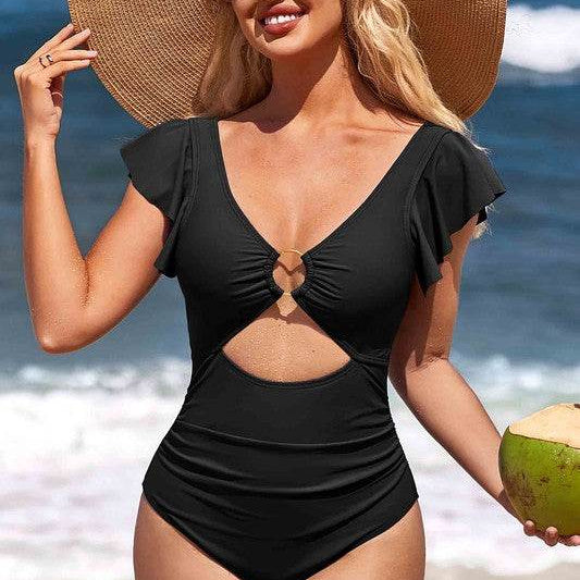 Ruffle O-Ring Cutout One Piece Bathing Suit