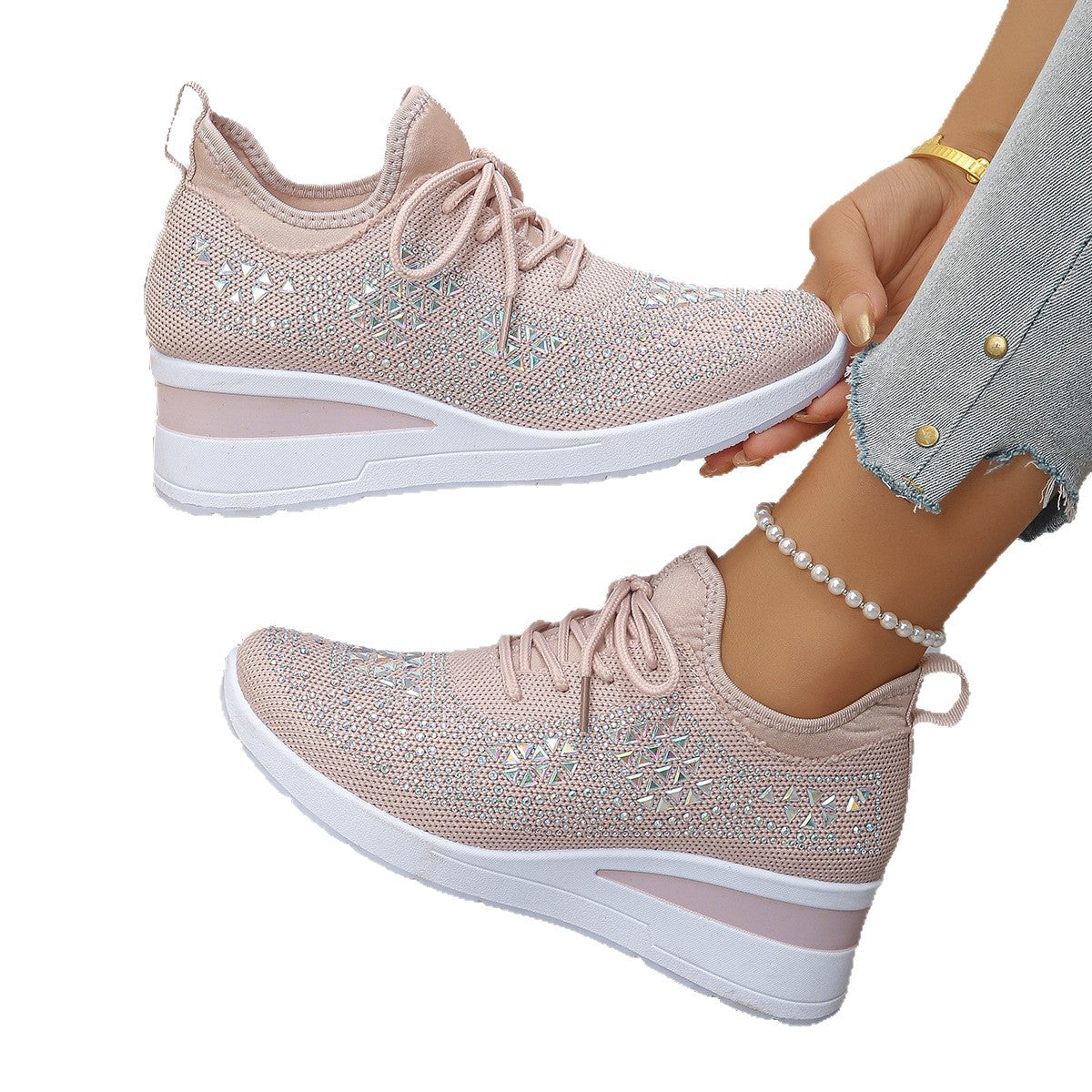 Ins Rhinestone Sneakers Fashion Lace Up Wedges Casual Shoes Women's Daily Commuting Sports Shoes See size chart under “more details”