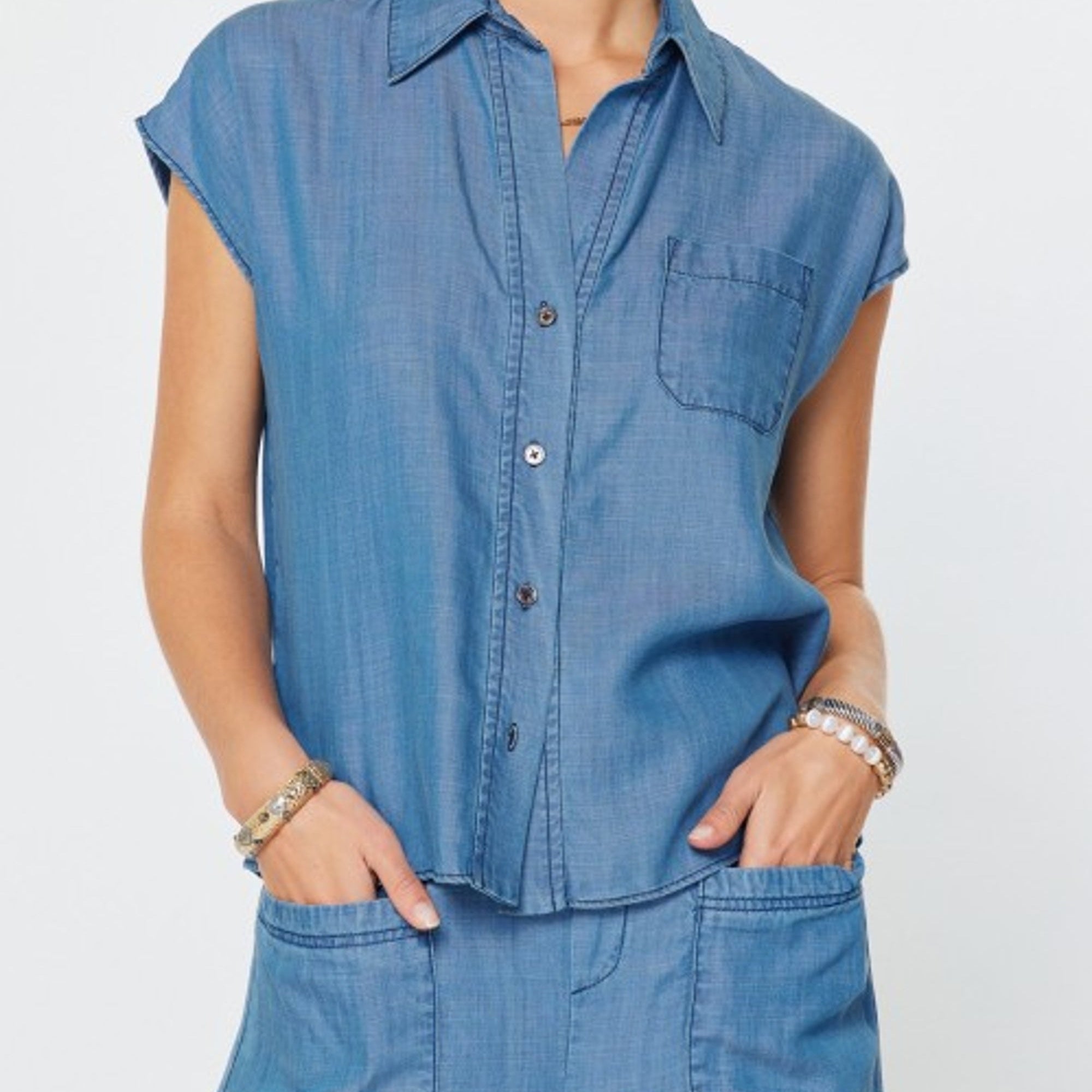 Cap Sleeve Button Down Denim Blouse