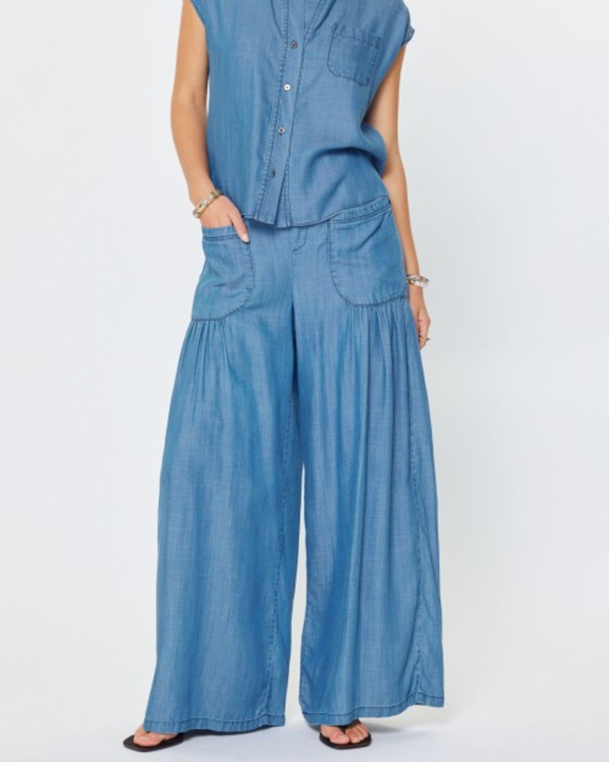 Cap Sleeve Button Down Denim Blouse