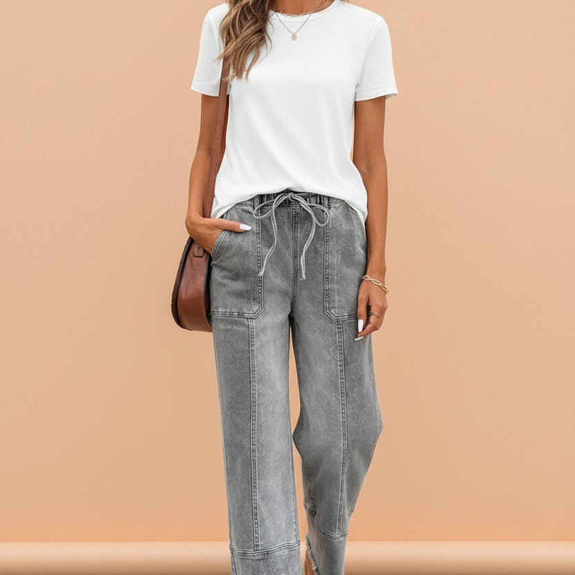 Denim Raw Hem Drawstring Wide Leg Pants