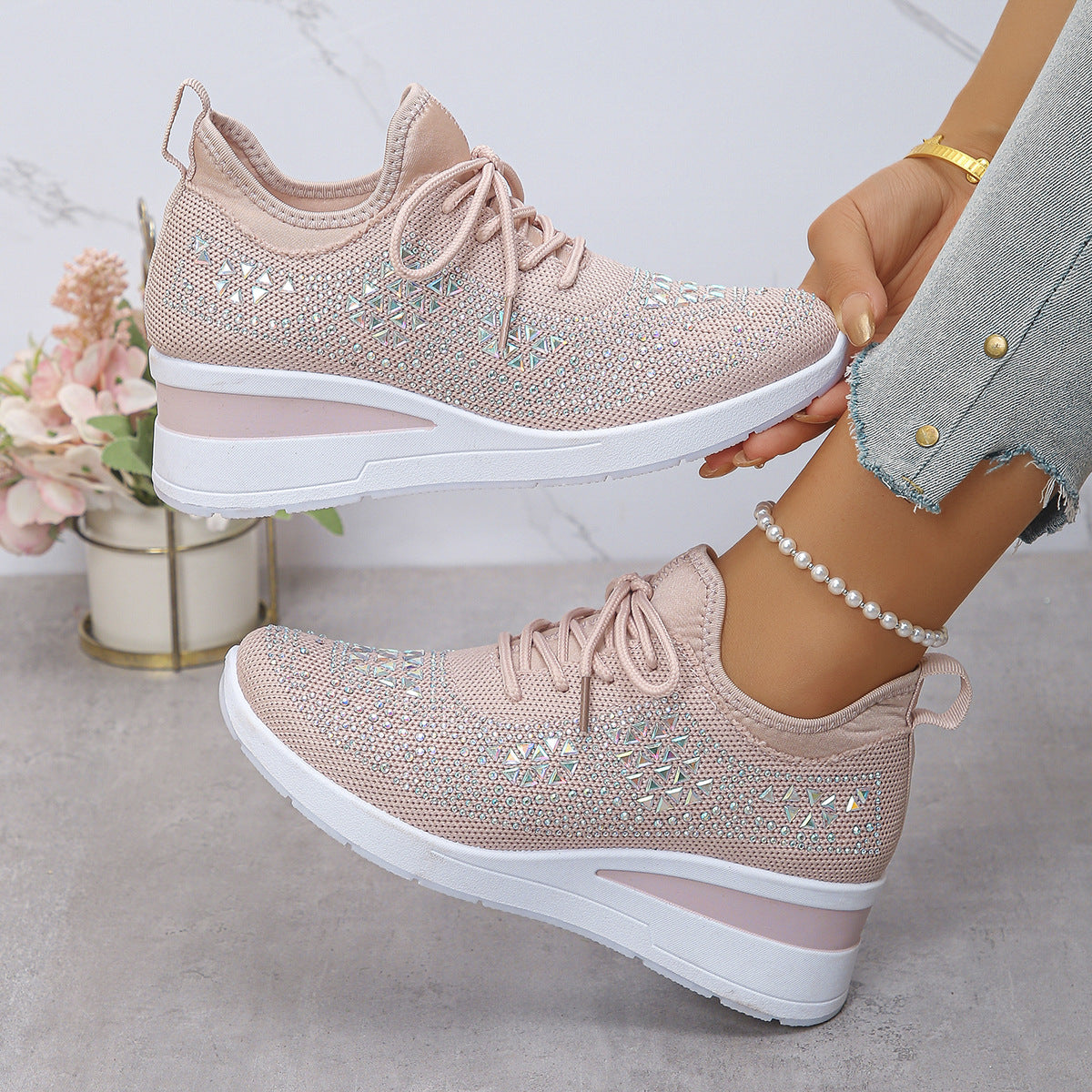 Ins Rhinestone Sneakers Fashion Lace Up Wedges Casual Shoes Women's Daily Commuting Sports Shoes See size chart under “more details”