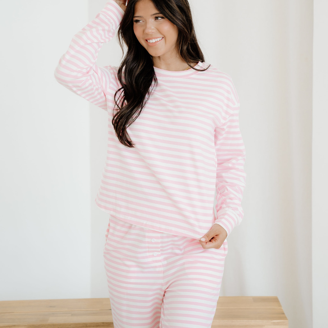 Thea Stripe Drop Shoulder Round Neck Top and Buttoned Straight Pants Two Piece Set