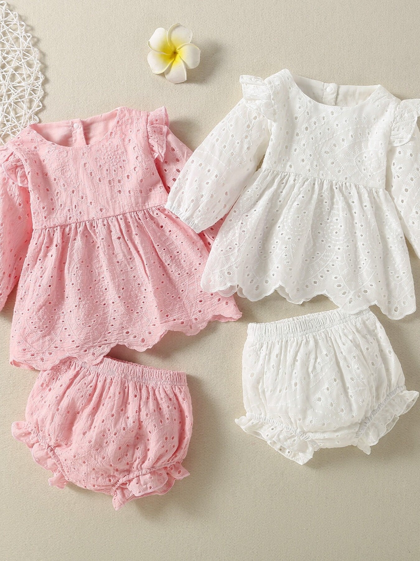 Children's Eyelet Embroidered Ruffled Top and Shorts Set