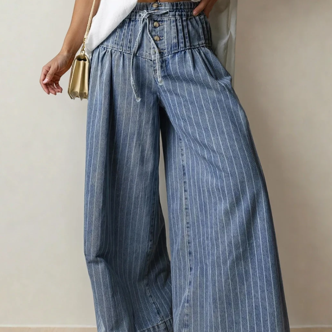 Cora Blue Stripe Button Pleated Drawstring Waist Casual Wide Leg Jeans