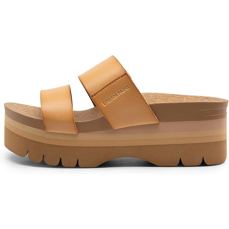 Dream Pairs Womens Size 6.5 Tan 2.5" Wedge Platform Slide Sandal Open Toe Shoes