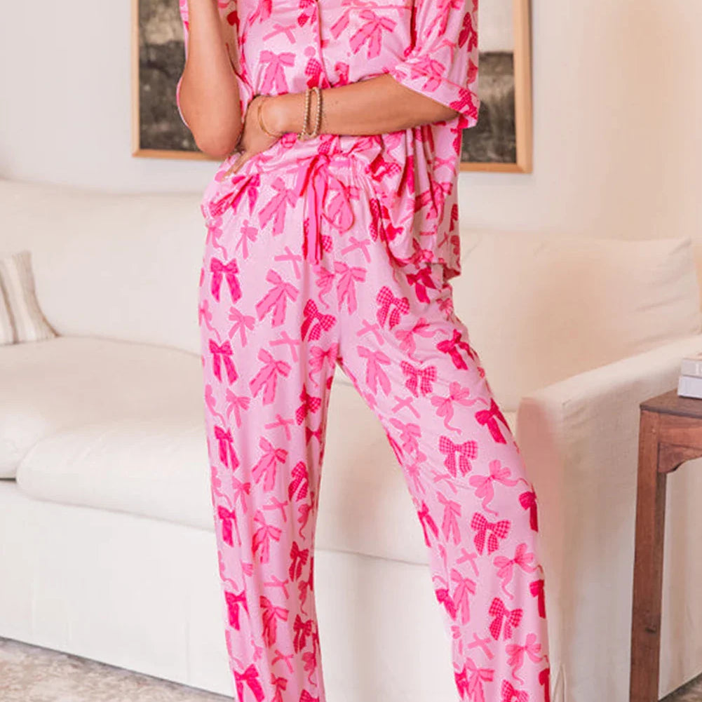 Fiona-Pink Bow Knot Print Lapel Collar Short Sleeve and Pants Pajamas Set