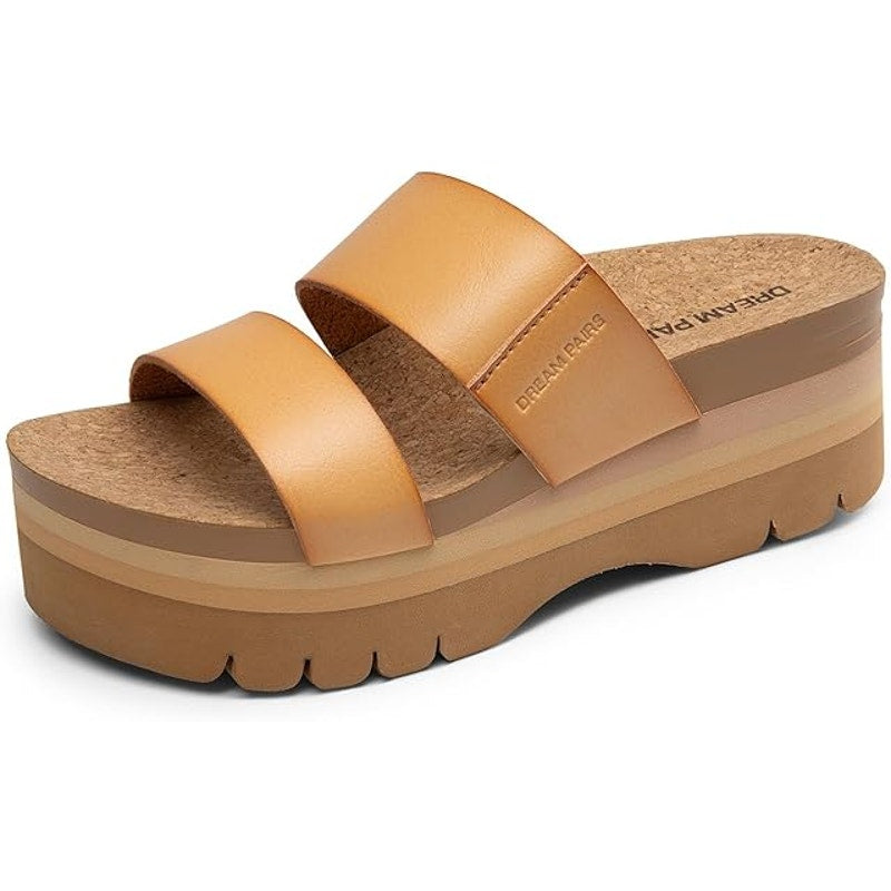 Dream Pairs Womens Size 6.5 Tan 2.5" Wedge Platform Slide Sandal Open Toe Shoes