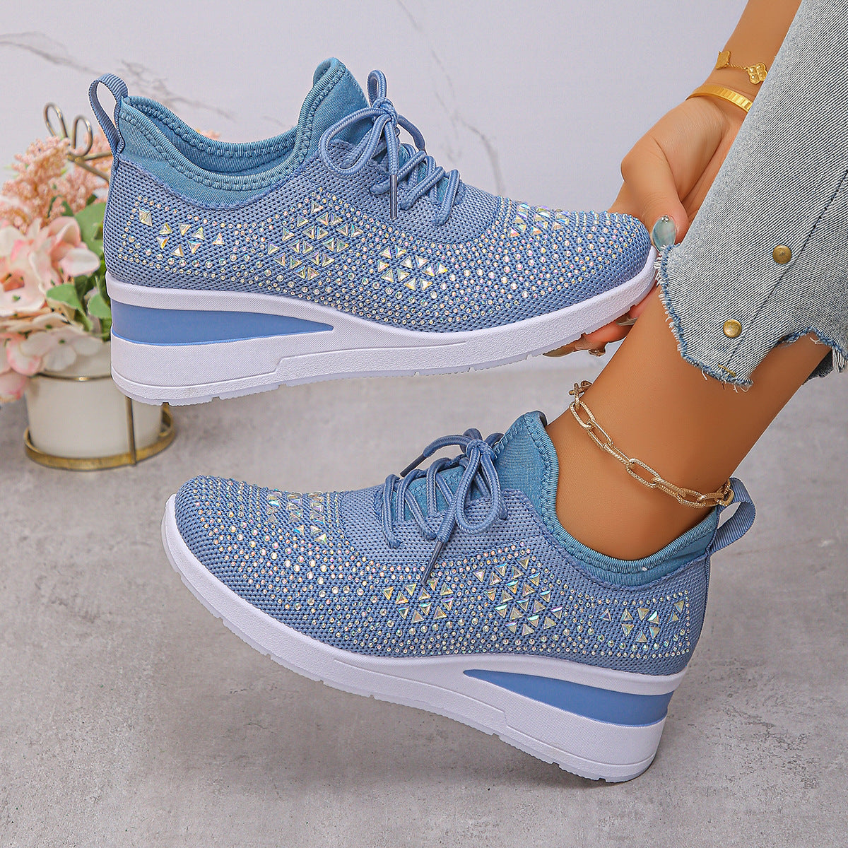 Ins Rhinestone Sneakers Fashion Lace Up Wedges Casual Shoes Women's Daily Commuting Sports Shoes See size chart under “more details”