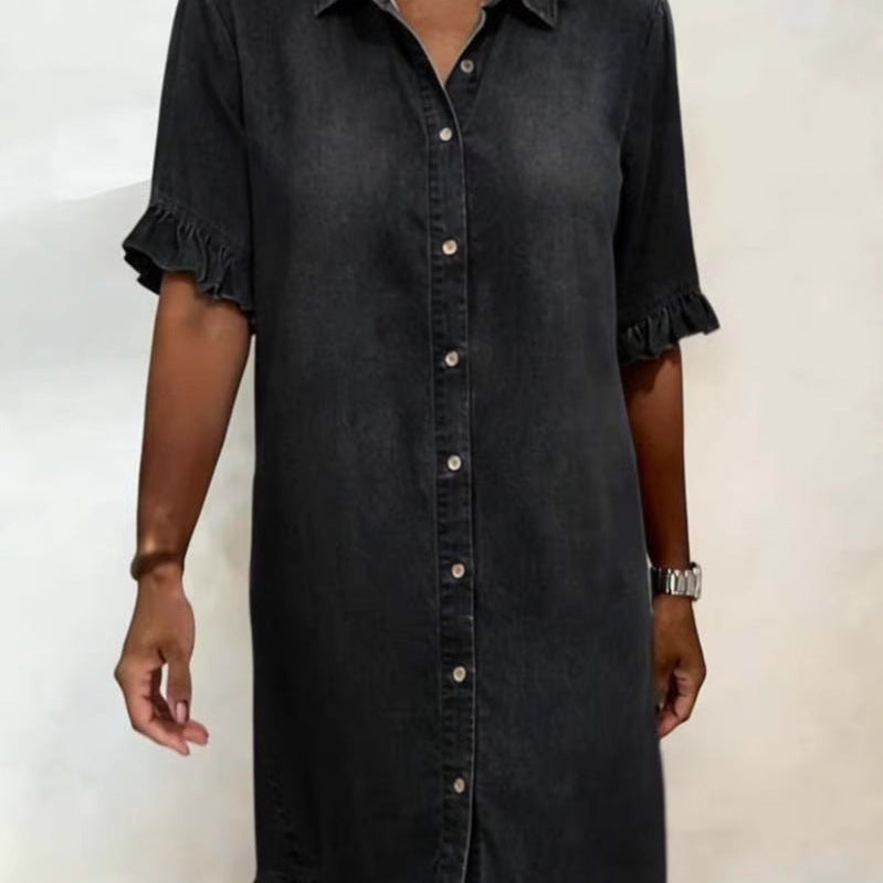 Women's Faux Denim Ruffle-Sleeve Shirt Dress