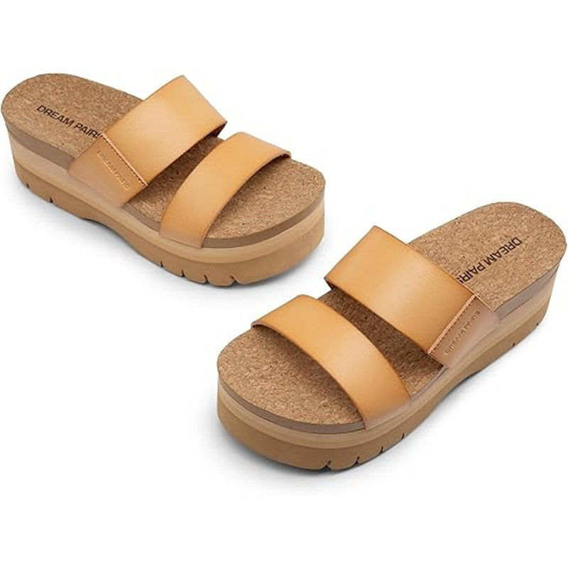 Dream Pairs Womens Size 6.5 Tan 2.5" Wedge Platform Slide Sandal Open Toe Shoes