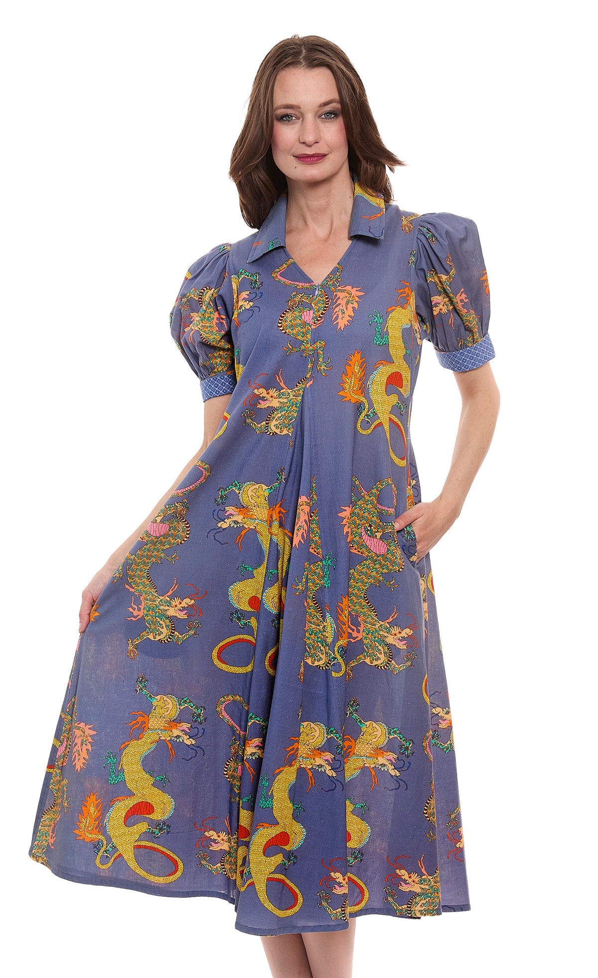 Montauk Dress Linen Cotton Blue Dragons Print