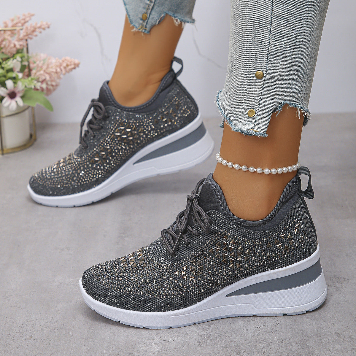 Ins Rhinestone Sneakers Fashion Lace Up Wedges Casual Shoes Women's Daily Commuting Sports Shoes See size chart under “more details”