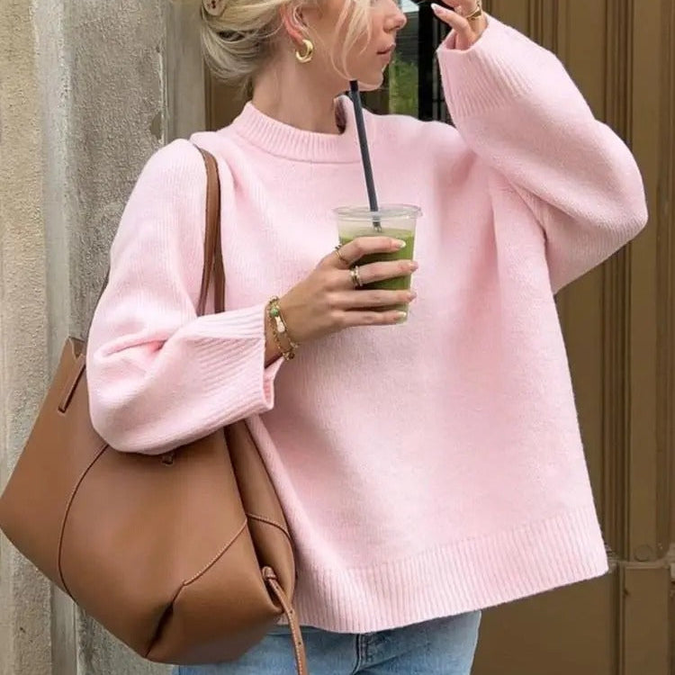 Fashion Pink Solid Warm Thick Loose Sweater Women Elegant O-neck Long Sleeve Knitted Pullover Top Autumn Female Tops Jumpers