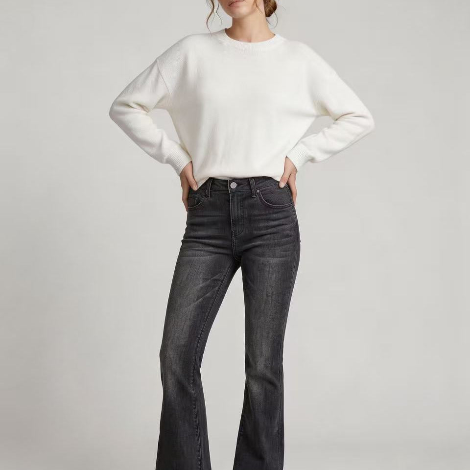 High-Waist Slim-Fit Slightly Flared Women's Jeans – Full-Length Denim Pants