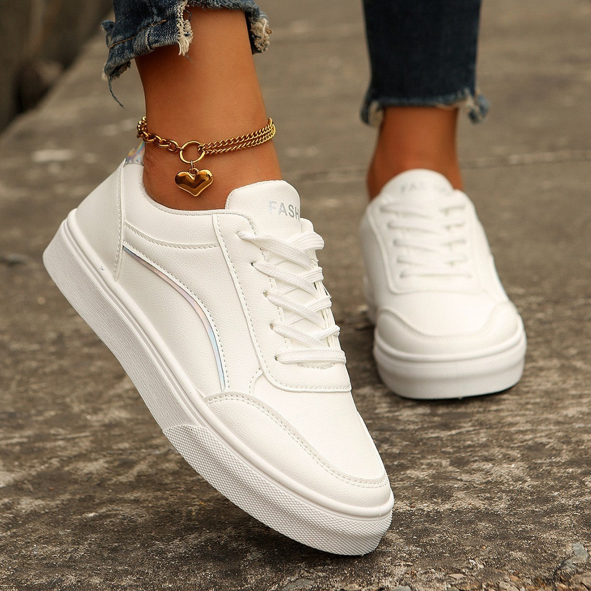 Lace-up White Flats Shoes Fashion Round Toe Slip-on Thick Sole Casual Shoes