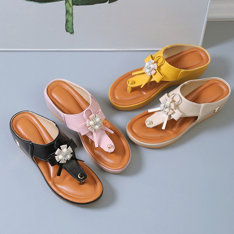 Women's Flower Wedge Heel Platform Flip Flops Plus Size Beach Slippers