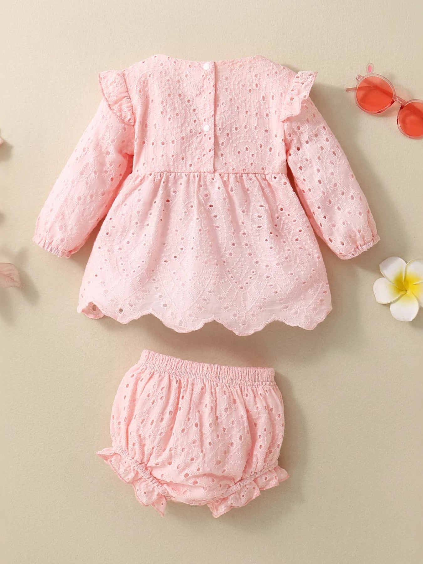 Children's Eyelet Embroidered Ruffled Top and Shorts Set