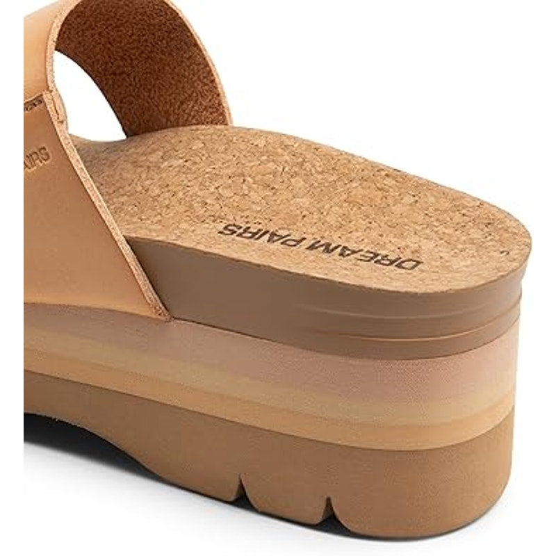 Dream Pairs Womens Size 6.5 Tan 2.5" Wedge Platform Slide Sandal Open Toe Shoes