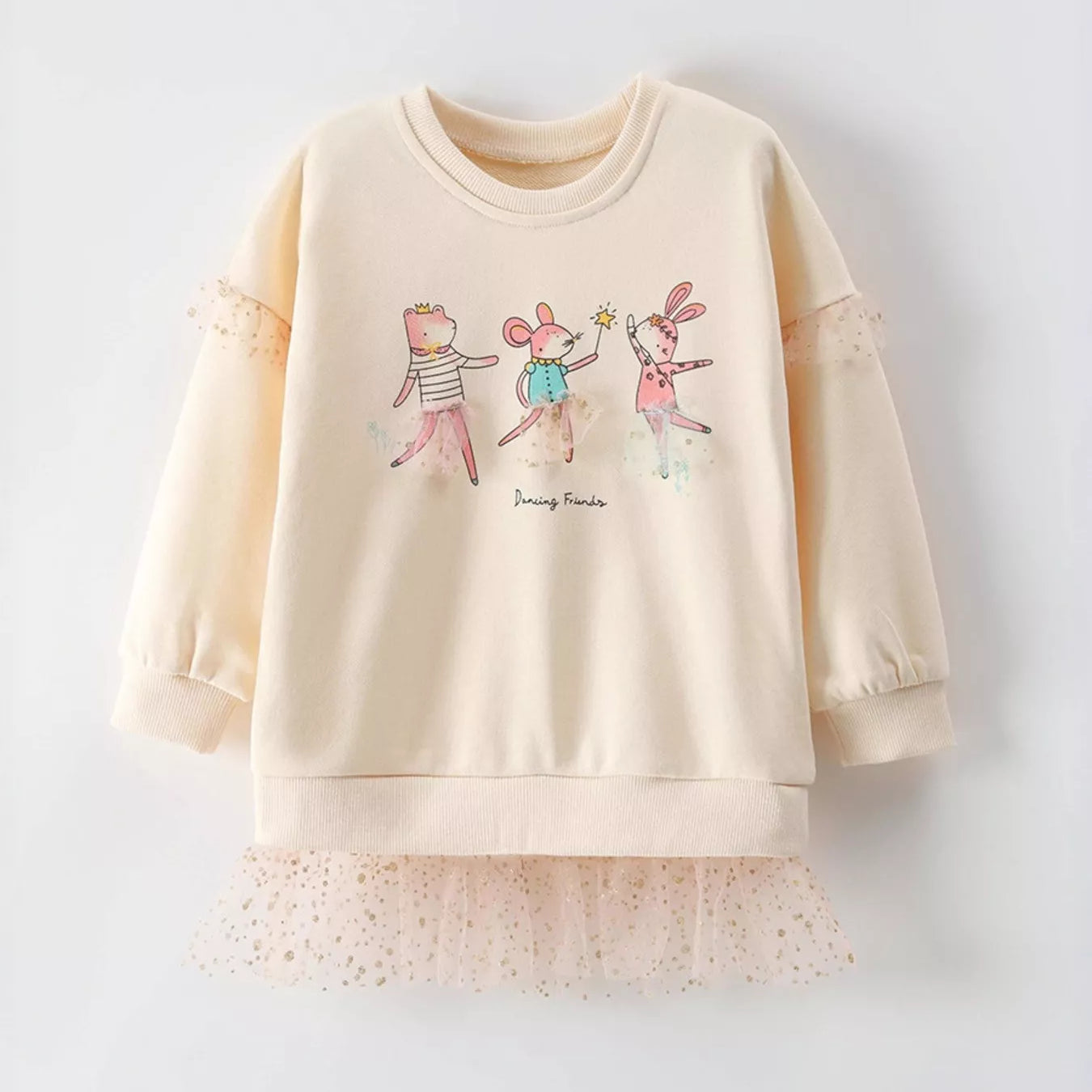 Children's Cartoon Animal Mesh Trim Sweatshirt