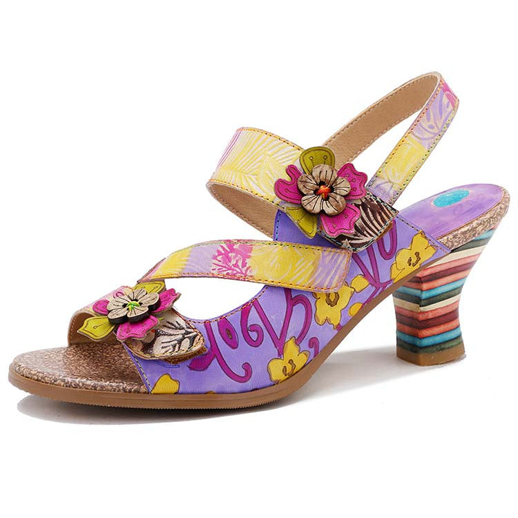 Handmade Leather Colored Stripe Heel Comfy Sandals