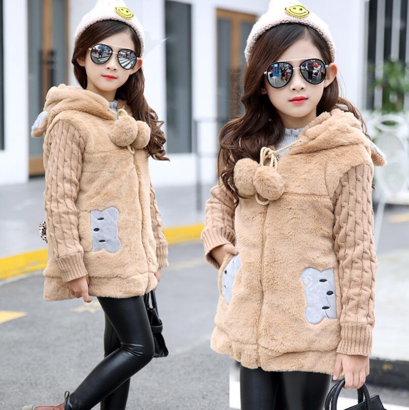 Lovely little bear Winter Girls clothing Faux Fur Fleece Coat Warm Jacket, Snowsuit Outerwear Children kids Clothes parka