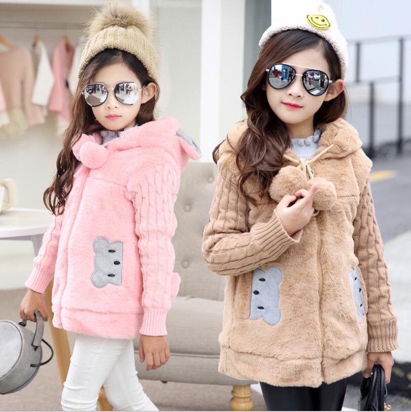 Lovely little bear Winter Girls clothing Faux Fur Fleece Coat Warm Jacket, Snowsuit Outerwear Children kids Clothes parka