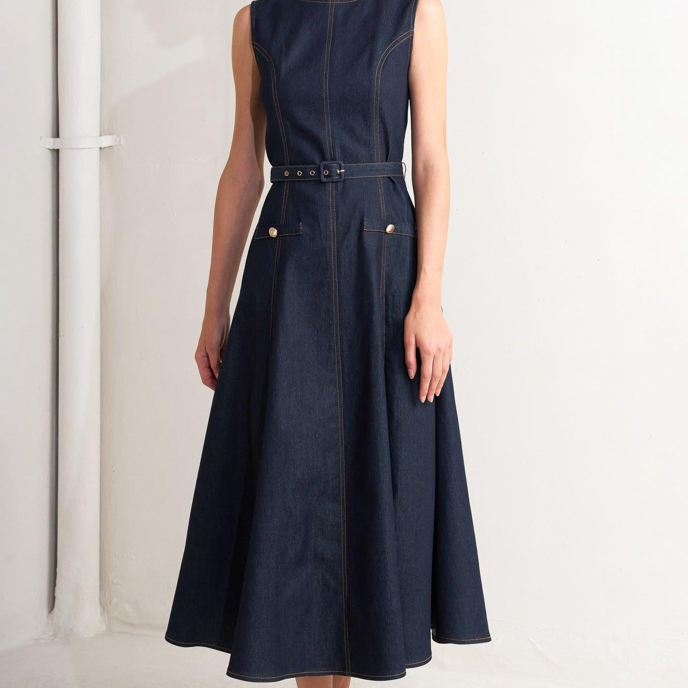 MODERN DARK DENIM MIDI DRESS