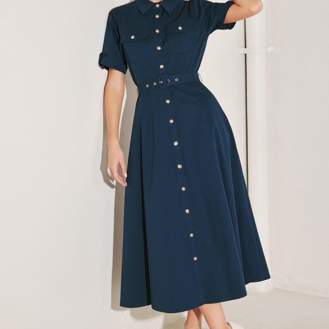 CLASSIC AUTHORITY WOVEN MIDI DRESS