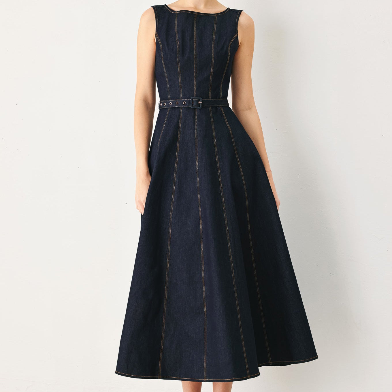 TAILORED STITCH DENIM MIDI DRESS