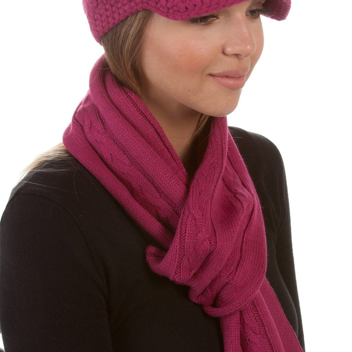 Sakkas Womens 2-piece Cable Knitted Visor Beanie Scarf and Hat Set with Button